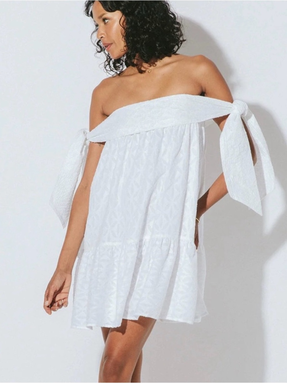 Cleobella Cara White Off-Shoulder Tie-Sleeve Mini Dress Size Small to Medium